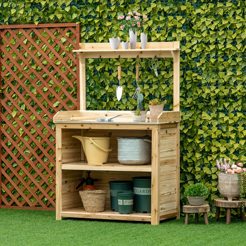 Garden Potting Bench Table, Wooden Workstation Bench w/ Galvanized Metal Tabletop, Storage Shelves and Hooks, Natural