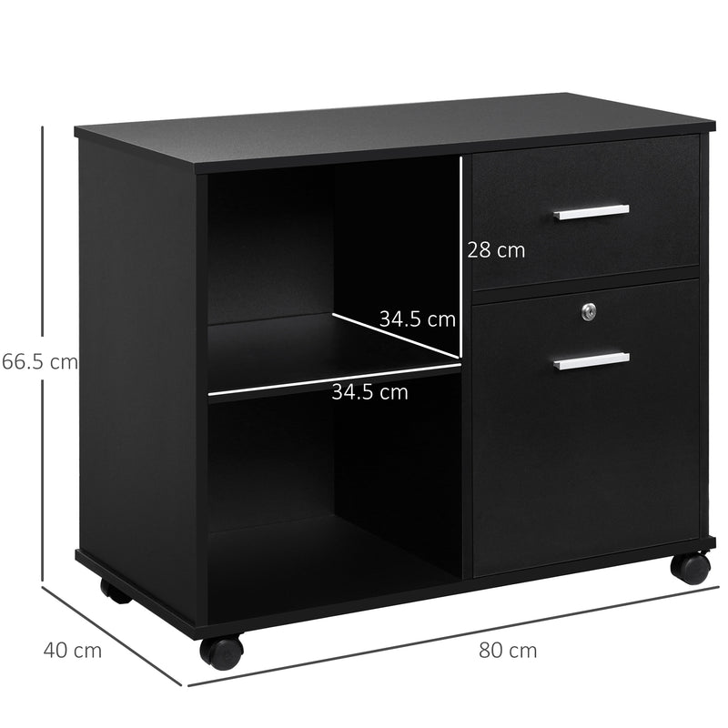 Filing Cabinet with Wheels, Mobile Printer Stand with Open Shelves and Drawers for A4 Size Documents, Black