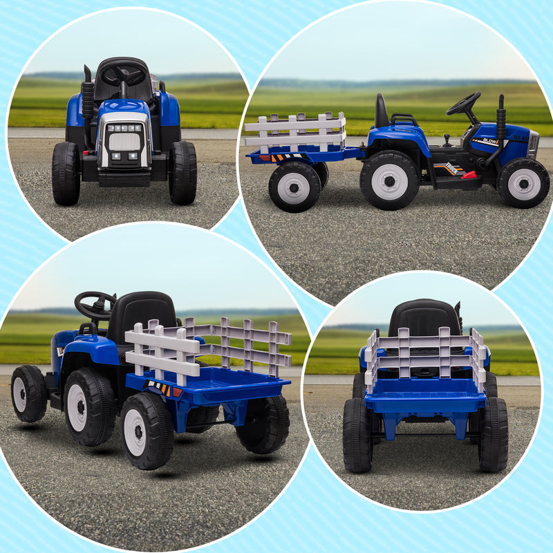 Electric Ride on Tractor w/ Detachable Trailer, 12V Kids Battery Powered Electric Car w/ Remote Control, Music Start up Sound, Blue