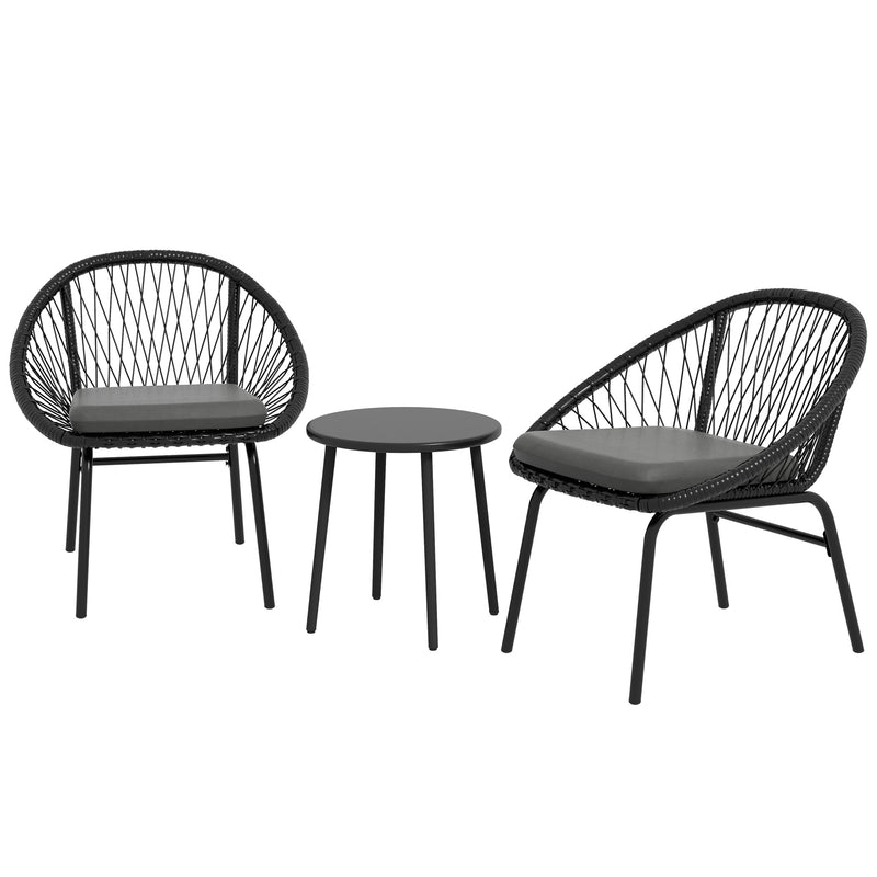 3 Piece Garden Furniture Set with Cushions, Round PE Rattan Bistro Set w/ 2 Armchairs & Metal Plate Coffee Table