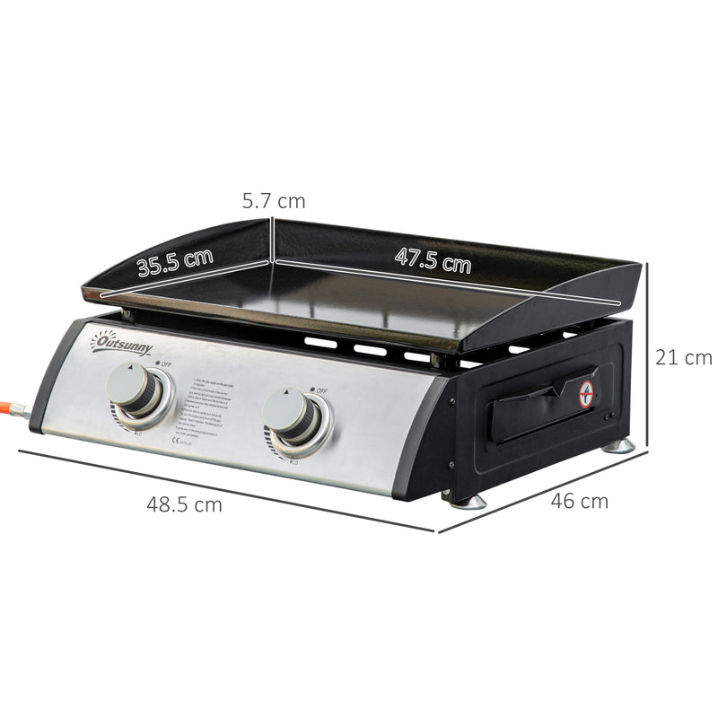 Gas Plancha Barbecue Grill 6kW Portable Tabletop Gas BBQ w/ 2 Burners, Non-stick Hotplate, Drain Hole and Grease Collection Box