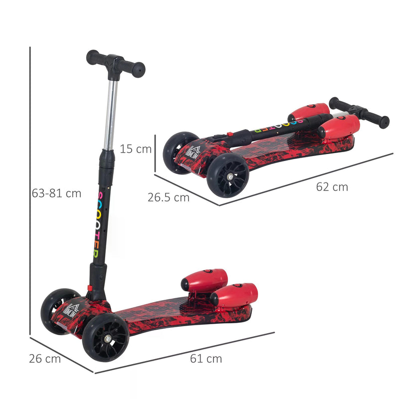 Kids 3 Wheel Kick Scooter Adjustable Height w/ Flashing Wheels Music Water Spray Foldable Design Cool On Off Road Vehicle Red