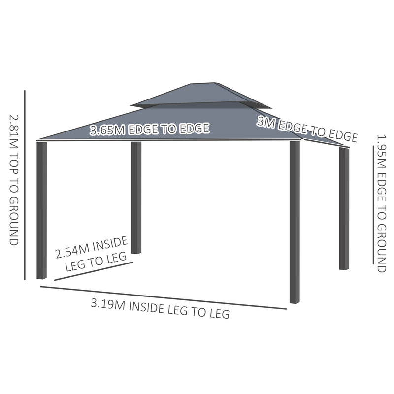 3 x 3.7m Outdoor Hardtop Gazebo Canopy Aluminum Frame with 2-Tier Roof & Mesh Netting Sidewalls for Patio, Dark Grey