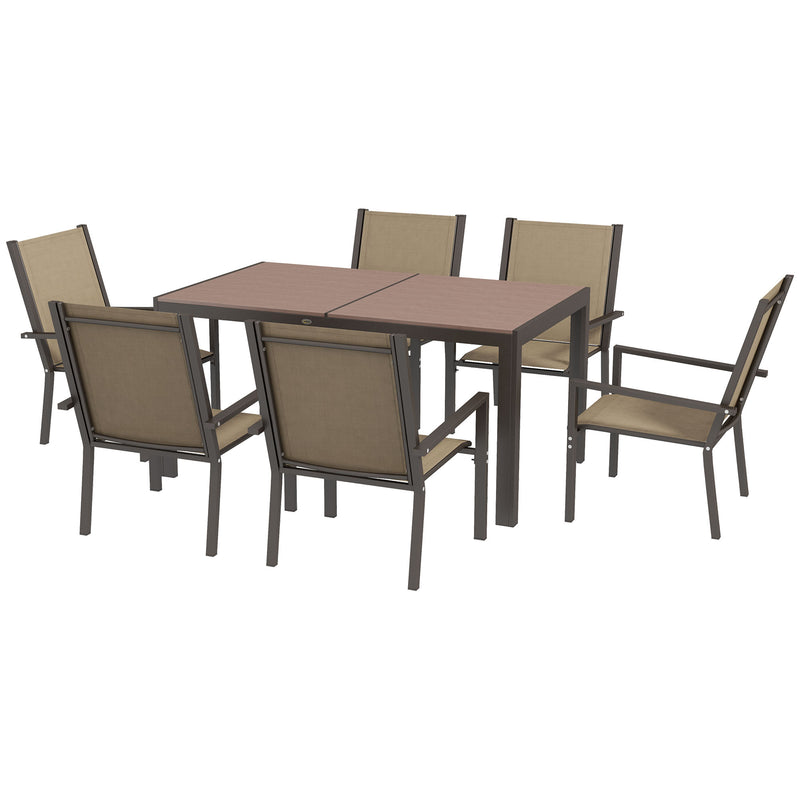 7 Pieces Garden Dining Set with Wood-plastic Composite Dining Table, Outdoor Table and 6 Stackable Armchairs with Texteline Seats and Backrest, Khaki
