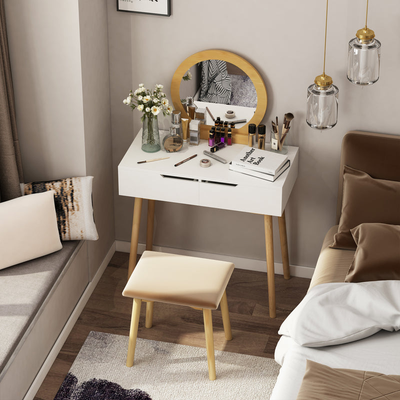 Dressing Table & Stool Set w/ Drawers Mirror Modern Elegant Vanity Makeup Padded Seat Home Bedroom Beauty Furniture Natural Brown