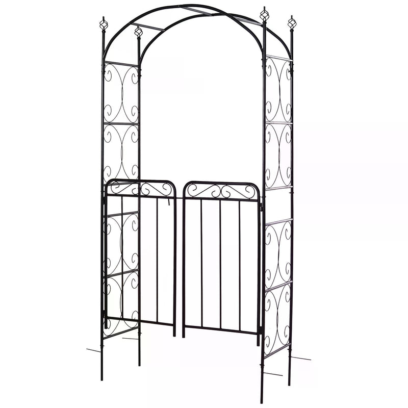 Garden Decorative Metal Arch with Gate Outdoor Patio Trellis Arbor for Climbing Plant Archway Antique Black - 108L x 45W x 215Hcm