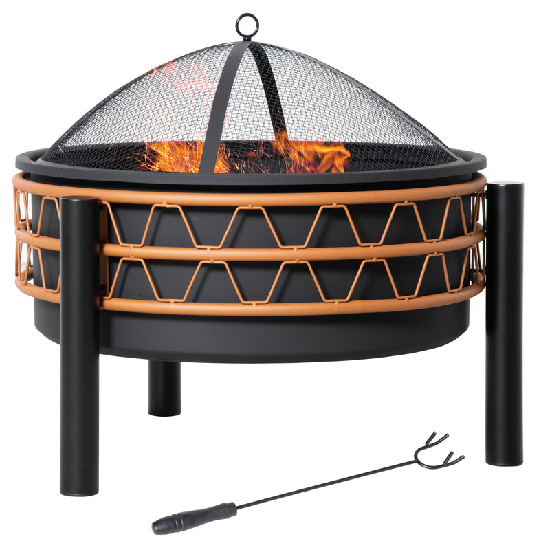Outdoor Fire Pit, Metal Round Firepit Bowl, Charcoal Log Wood Burner with Screen Cover, Poker for Patio, BBQ, Camping, 64 x 64 x 58cm, Black