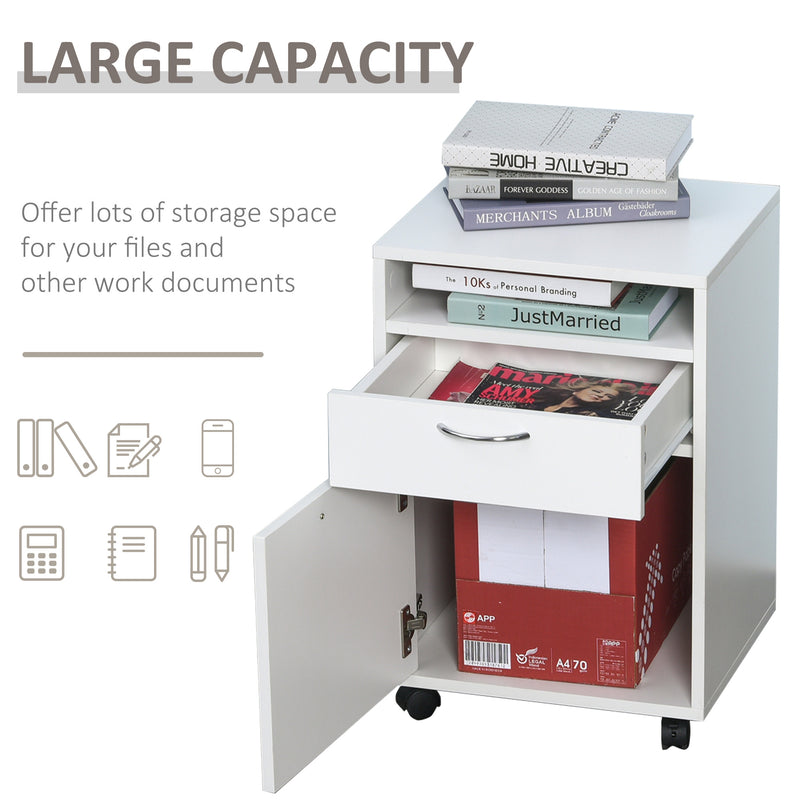 60cm Storage Cabinet w/ Drawer Open Shelf Metal Handles 4 Wheels Office Home Organiser Mobile Printer White