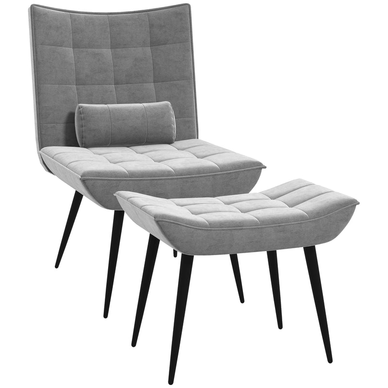 Armless Accent Chair w/ Footstool Set, Modern Tufted Upholstered Lounge Chair w/ Pillow, Steel Legs, Grey