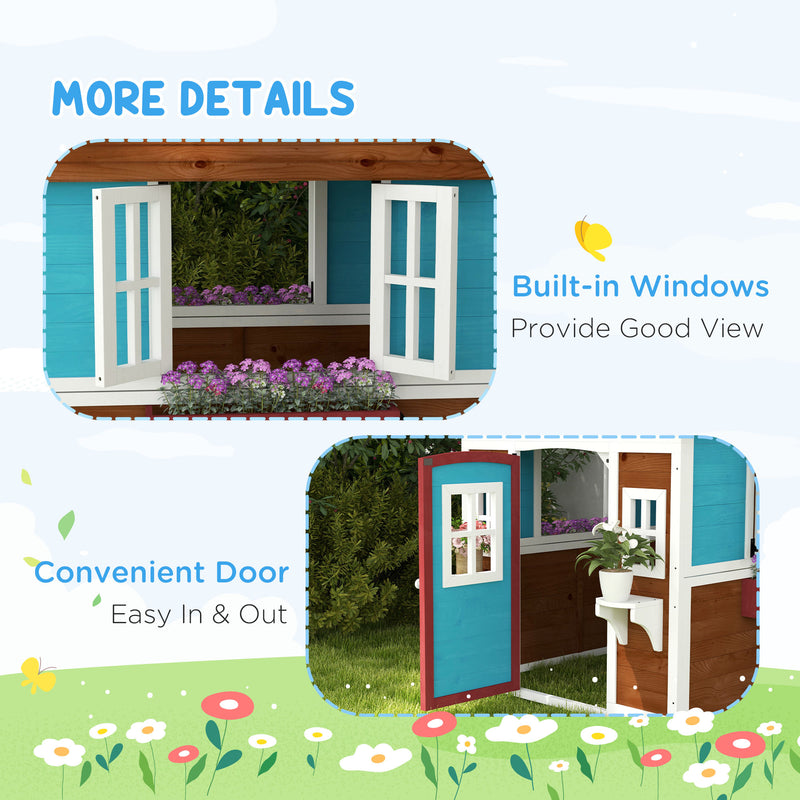 Wooden Playhouse with Doors, Windows, Plant Pots, Boxes, for 3-8 Years - Dark Brown