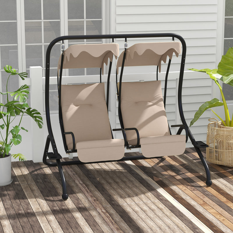 Canopy Swing Chair Modern Garden Swing Seat Outdoor Relax Chairs w/ 2 Separate Chairs, Cushions and Removable Shade Canopy, Beige