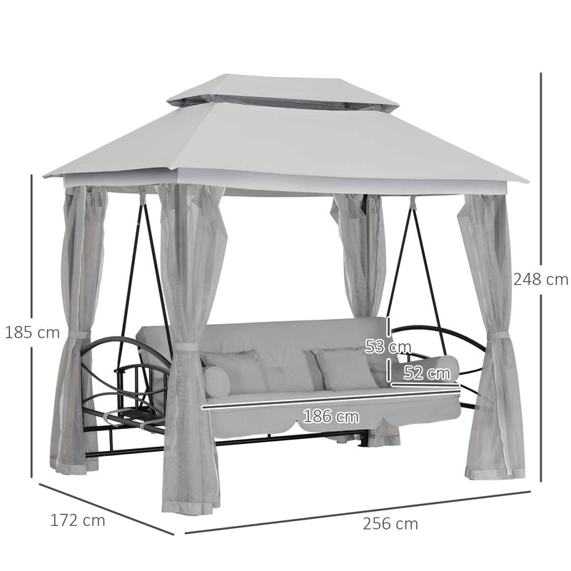 2-in-1 Convertible Swing Chair Bed 3 Seater Hammock Gazebo Patio Bench Cushioned Seat Mesh Curtains - Grey
