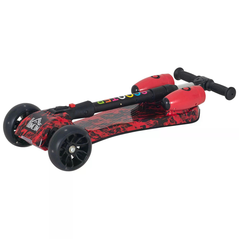 Kids 3 Wheel Kick Scooter Adjustable Height w/ Flashing Wheels Music Water Spray Foldable Design Cool On Off Road Vehicle Red