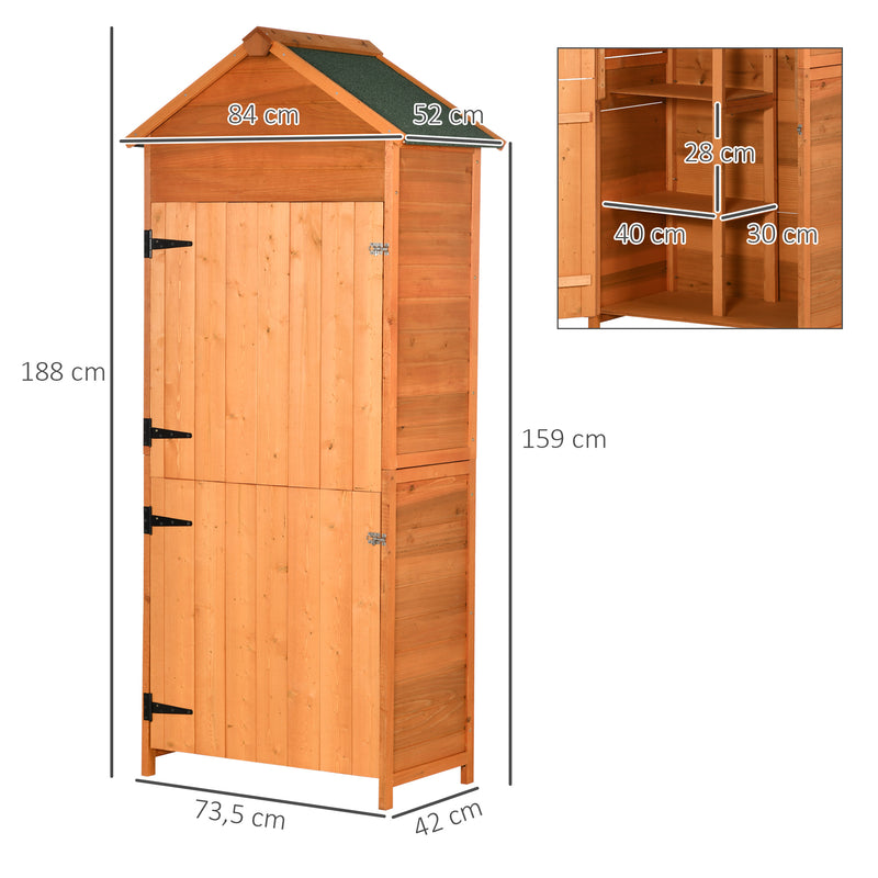 84 x 52cm Garden Shed 4-Tier Wooden Garden Outdoor Shed 3 Shelves Utility Gardener Cabinet Lockable Double Doors Tool Kit Storage - Teak