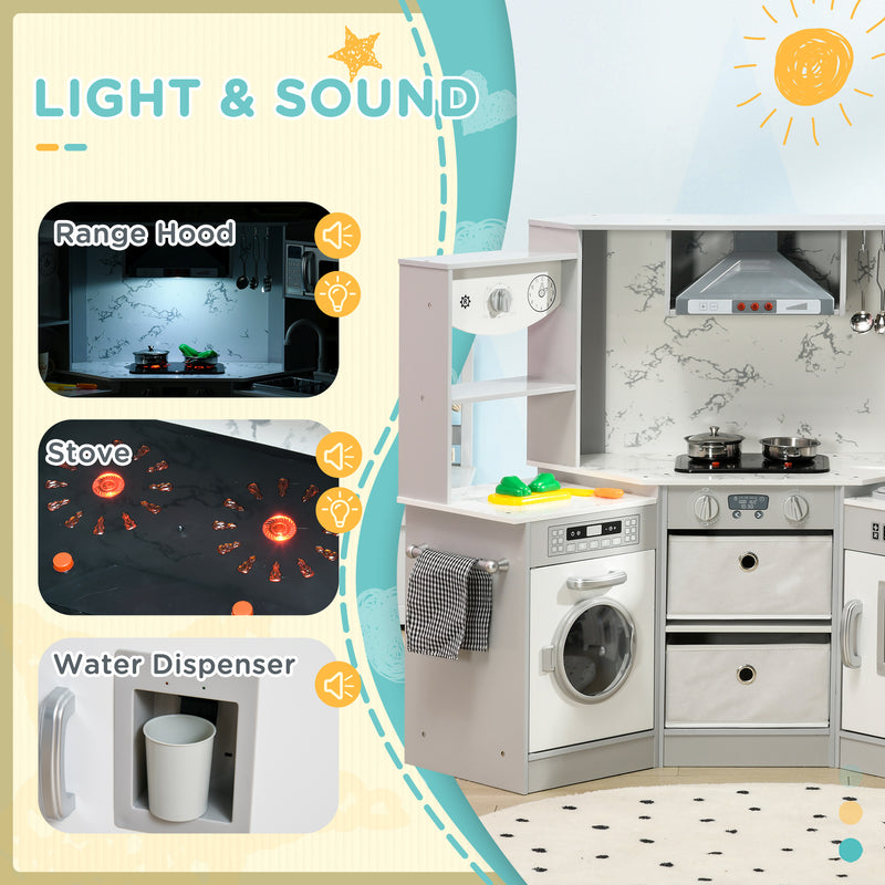 Toy Kitchen with Running Water, Lights Sounds, Apron and Chef Hat, Water Dispenser, for 3-6 Years Old - Grey