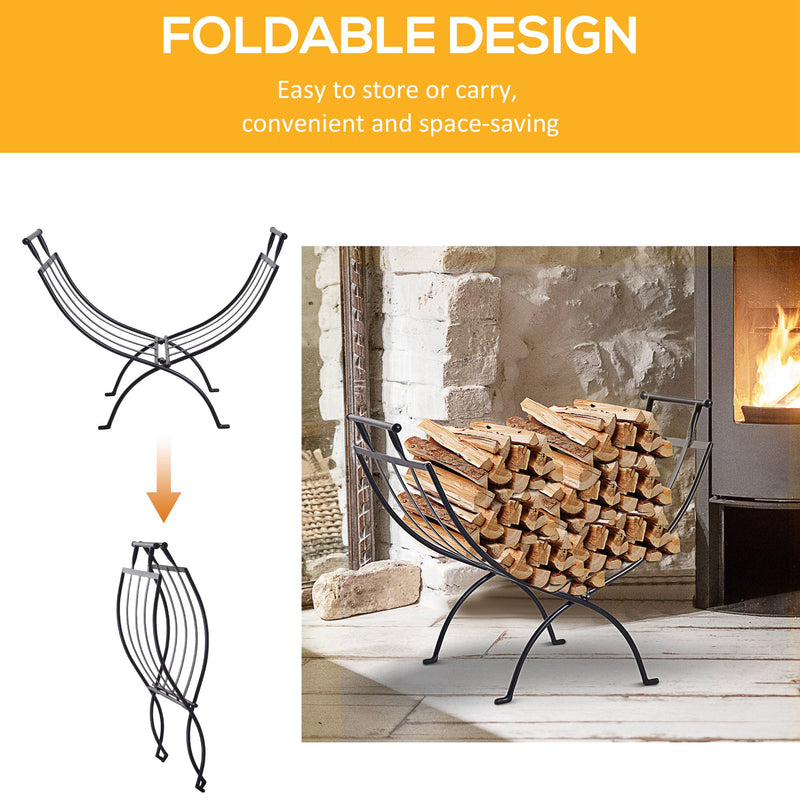 Folding Wood Log Holder Fireplace Storage Rack Matte Metal Elevated Indoor Outdoor 45x35cm Black