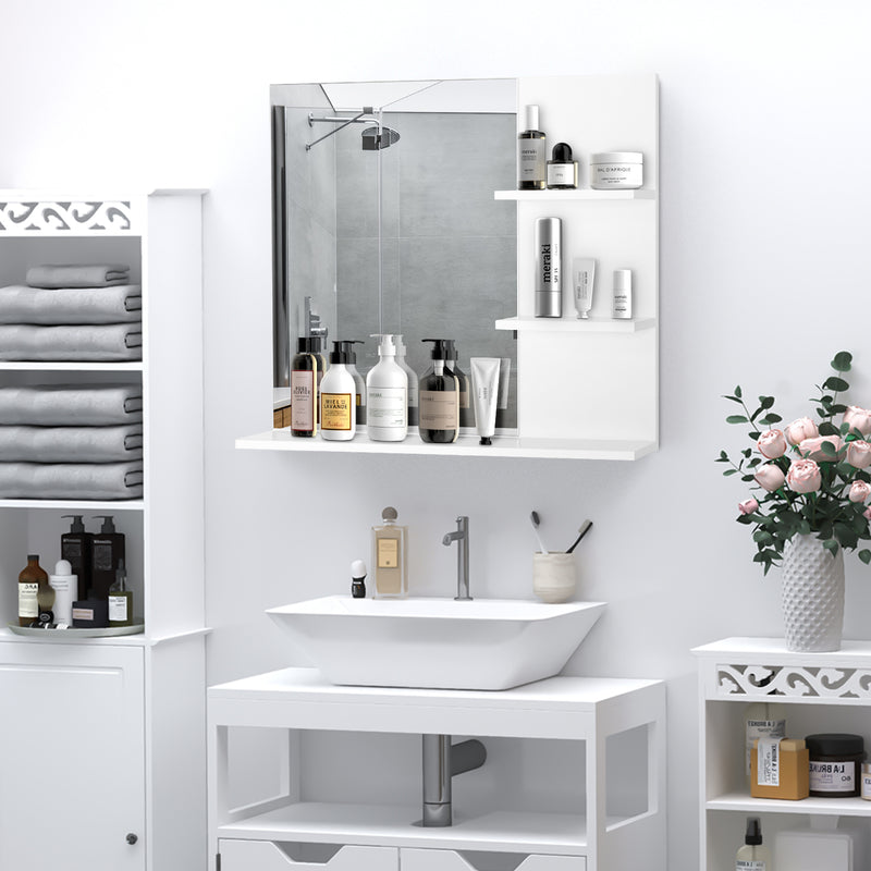 Modern Bathroom Mirror, Wall-mounted Vanity Mirror with 3 Tiers Storage Shelves for Make Up, White
