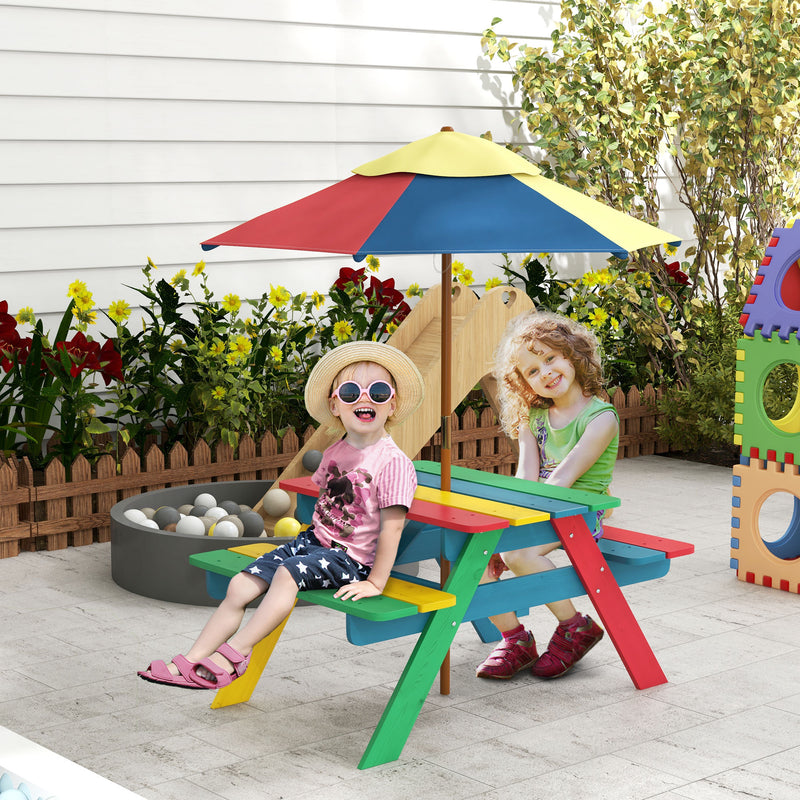 Wooden Kids Table and Chair Set with Removable Parasol, for Ages 3-6 Years - Multicoloured