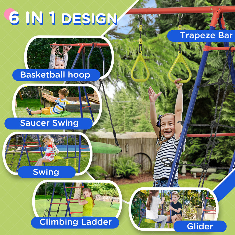 6 In 1 Metal Garden Swing Set, Kids Swings with Double Swings, Climbing Frame, Glider, Trapeze Bar, Basketball Hoop