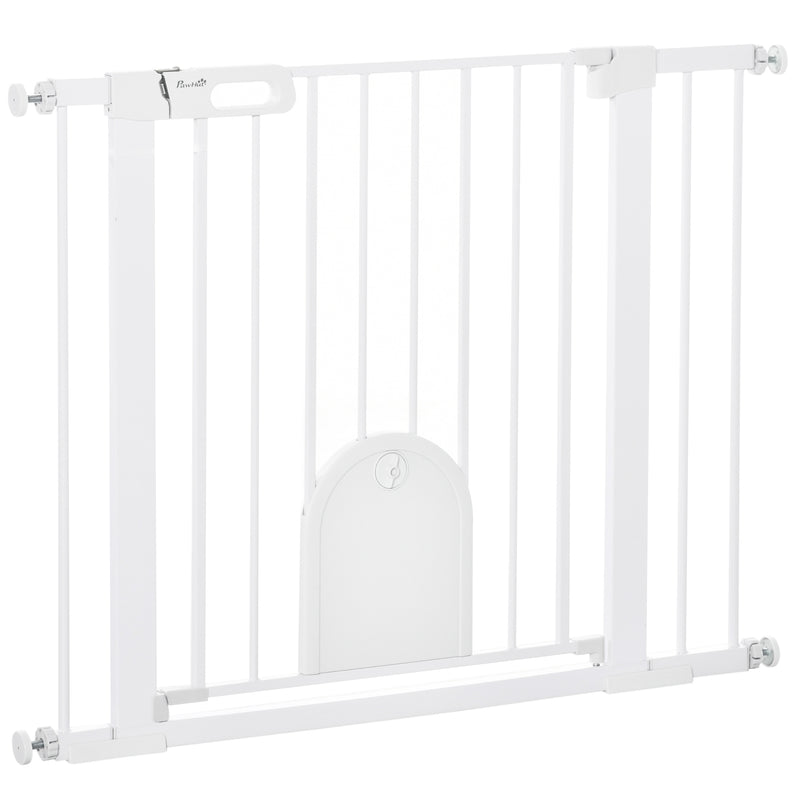 Dog Gate with Cat Flap Pet Safety Gate Barrier, Stair Pressure Fit, Auto Close, Double Locking, for Doorways, Hallways, 75-103 cm White