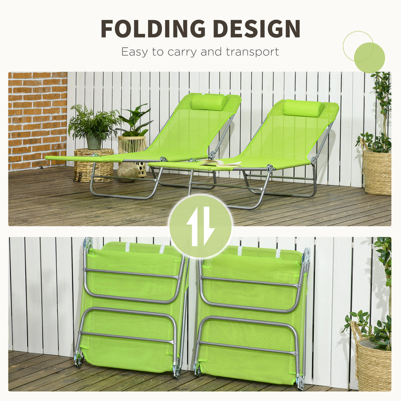 Folding Sun Lounger Set of 2, Outdoor Day Beds with Pillow, Reclining Back, Steel Frame and Breathable Mesh for Beach, Yard, Patio, Green