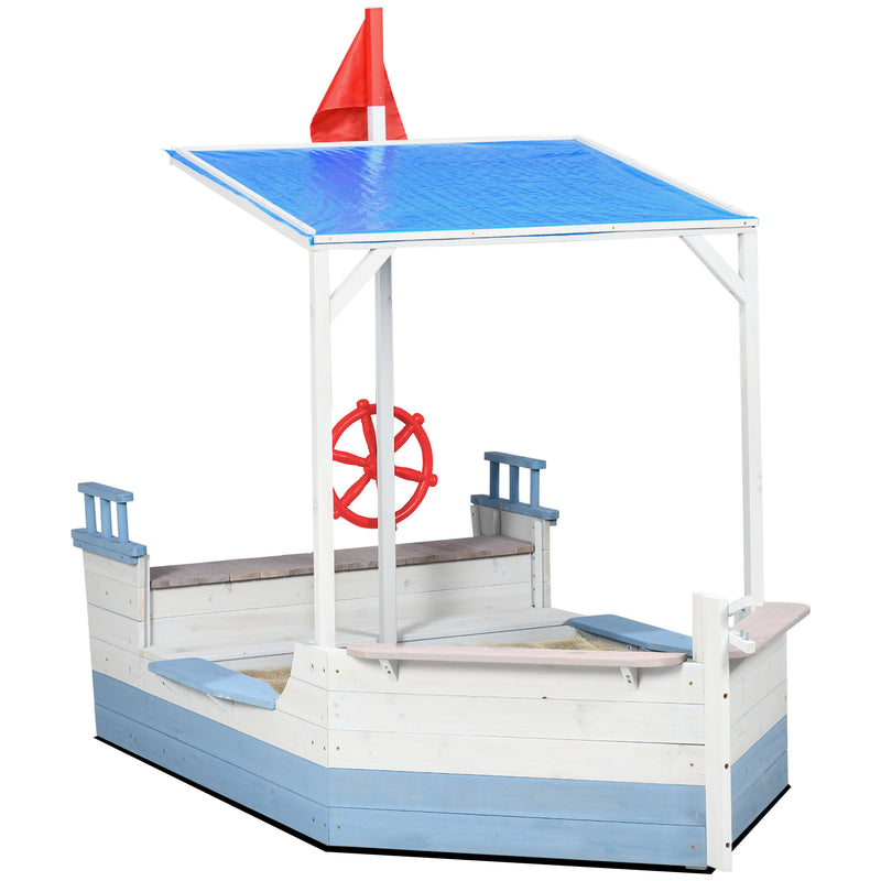Wooden Kids Sandpit, Children Sandbox w/ UV Protection Canopy, for Ages 3-8 Years - Blue