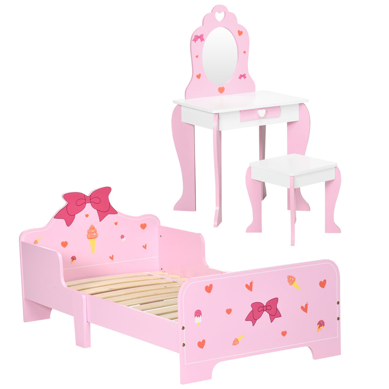3PCs Kids Bedroom Furniture Set with Bed, Dressing Table and Stool, Princess Themed, for 3-6 Years Old, Pink