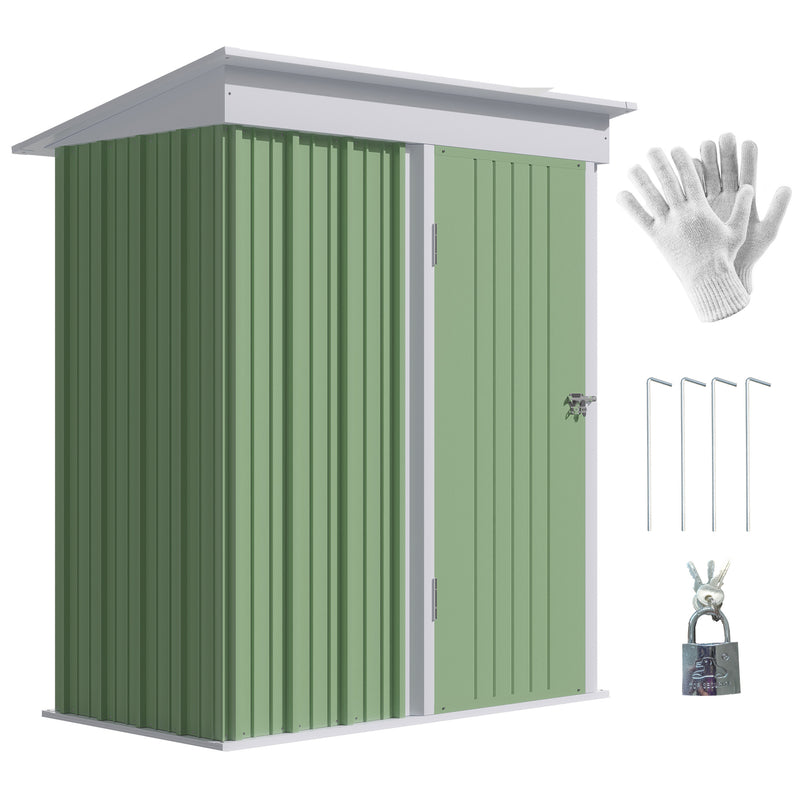 5'x3'x6' Metal Garden Shed Roofed Lean-to Shed for Tool Motor Bike, with Adjustable Shelf, Lock, Gloves, Green