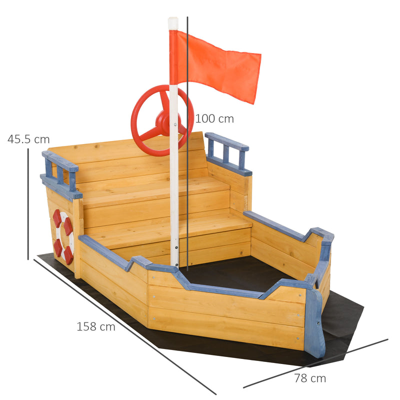 Kids Wooden Sandpit Children Sandbox Pirate Ship Sandboat Outdoor Backyard Playset Play Station w/ Bench Bottom Liner