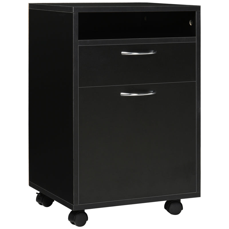 60cm Storage Cabinet w/ Drawer Open Shelf Metal Handles 4 Wheels Office Home Organiser Mobile Printer Black
