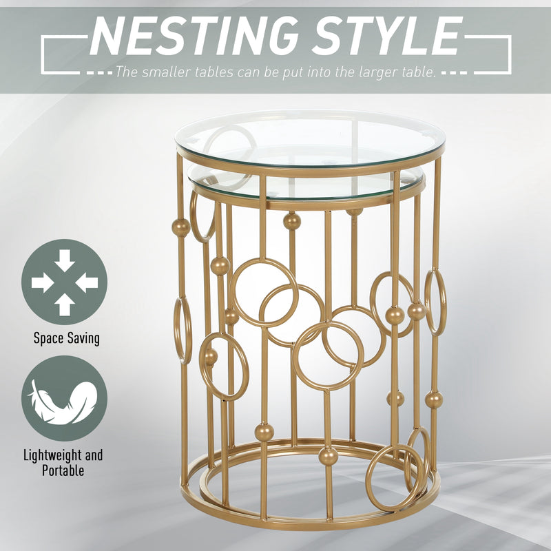 Round Coffee Tables Set of 2, Gold Nest of Tables with Tempered Glass Top, Steel Frame for Living Room, Gold