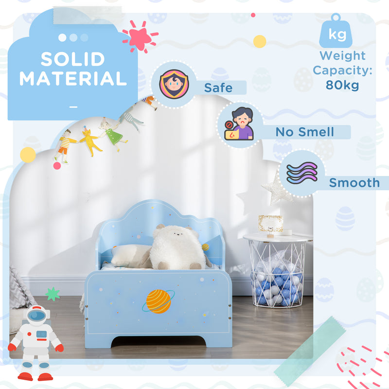 Toddler Bed Kids Bedroom Furniture with Rocket & Plants Patterns Safety Side Rails Slats, Blue