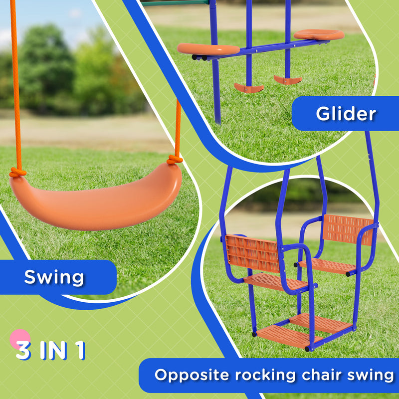 3 in 1 Metal Kids Swing Set with Swing Glider Rocking Chair Orange