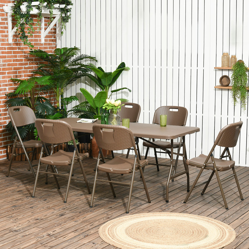 Patio 7 PCs Resin Rattan Dining Set, Foldable Chairs and Table w/ HDPE Molding Process, Portable, Space-saving for Indoor Outdoor Dark Brown