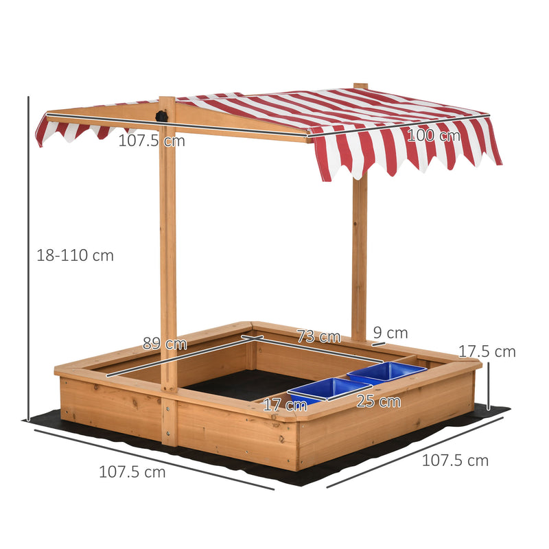 Kids Wooden Sandbox, Children Sand Play Station Outdoor with Adjustable Height Cover, Bottom Liner, Seat, Plastic Basins, Aged 3-7 Years Old