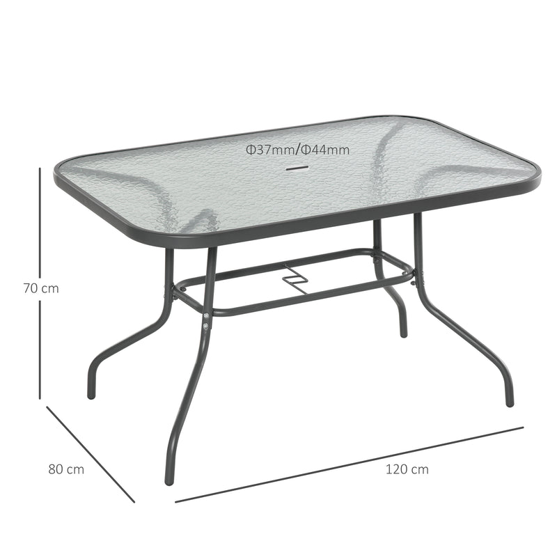 Glass Top Garden Table Curved Metal Frame w/ Parasol Hole 4 Legs Outdoor Balcony Sturdy Friends Family Dining Table -Grey