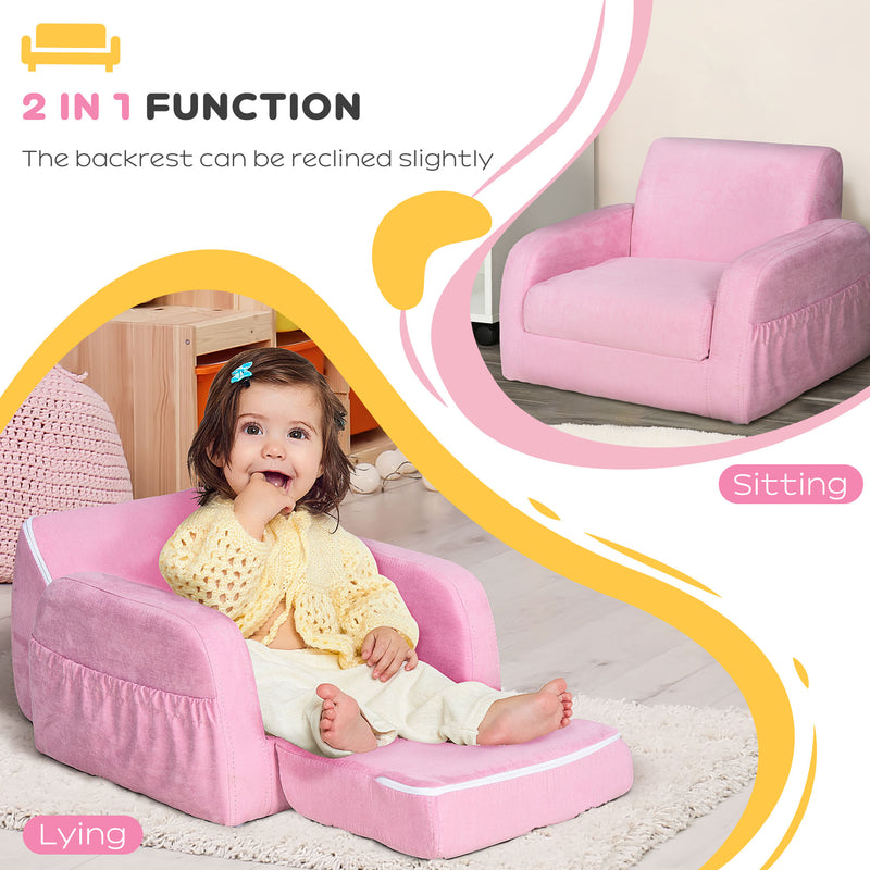 2 In 1 Kids Armchair Sofa Bed Fold Out Padded Wood Frame Bedroom, Pink