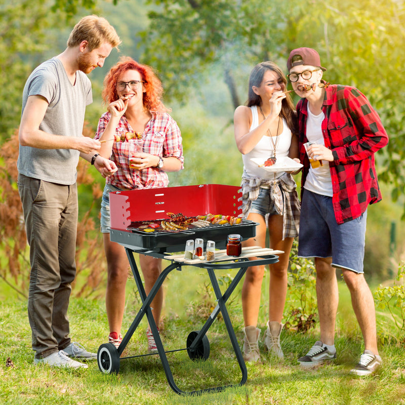 BBQ Grill Charcoal Barbecue Grill Garden Foldable BBQ Trolley w/ Windshield, Wheels, Side Trays, Red/Black