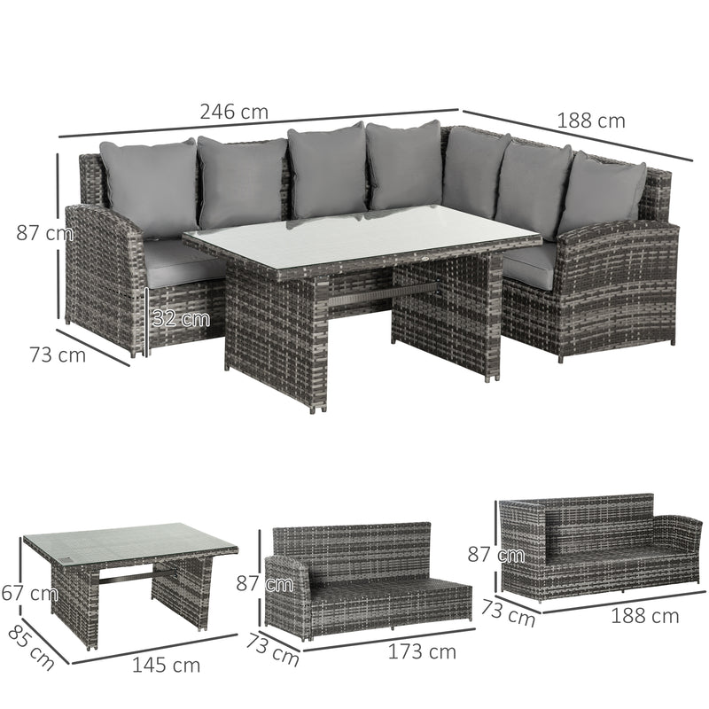 6-Seater PE Rattan Corner Dining Set Outdoor Garden Patio Sofa Table Furniture Set w/ Cushions, Grey