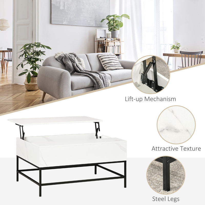 Modern Lifting Coffee Table with Hidden Compartment, Storage Coffee Table for Living Room, Faux Marble White