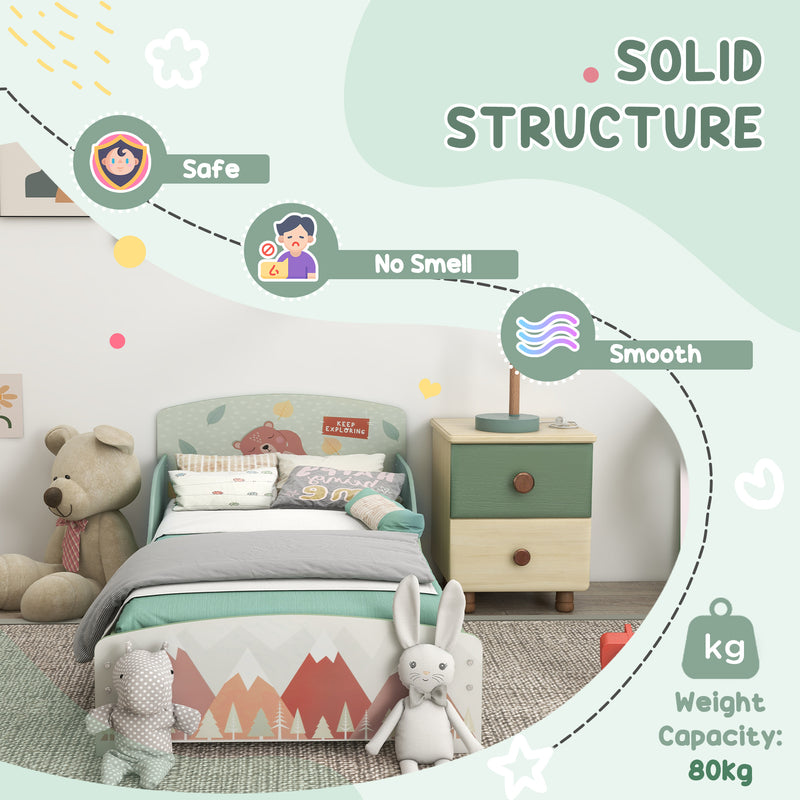Toddler Bed Frame, Kids Dressing Table with Mirror and Stool, Cute Animal Design Kids Bedroom Furniture Set for Ages 3-6 Years, Green