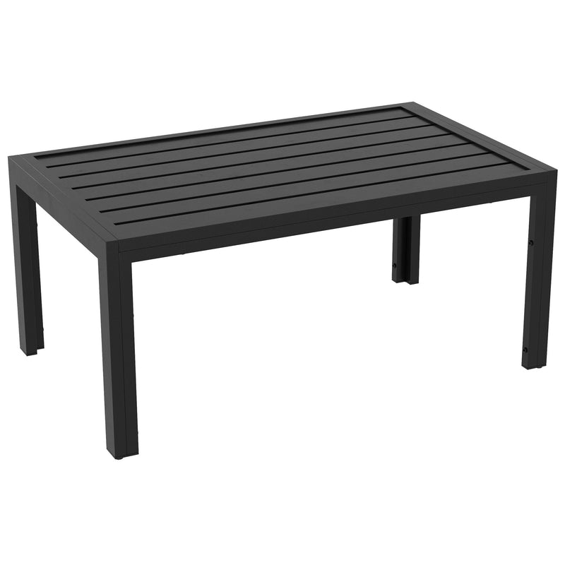 Outdoor Side Table, Rectangular Patio Coffee Side Table with Steel Frame and Slat Tabletop for Garden, Balcony, Black