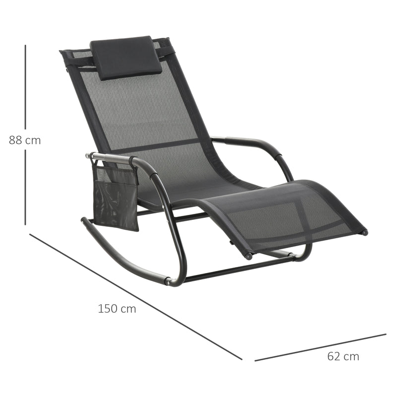 2Pcs Garden Rocking Chair, Patio Sun Lounger Rocker Chair w/ Breathable Mesh Fabric, Removable Headrest Pillow, Side Storage Bag, Black