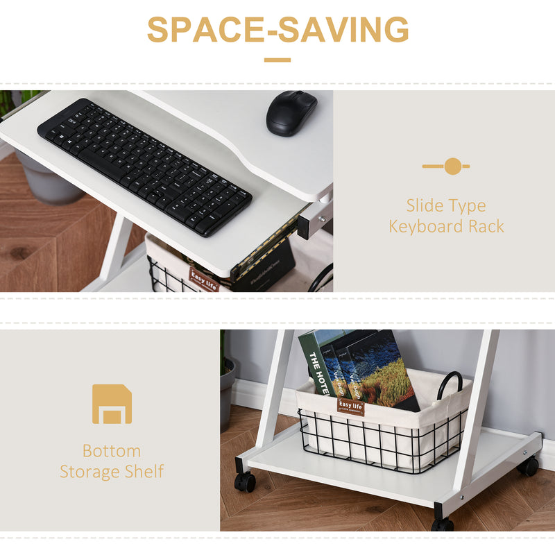Movable Compact Small Computer PC Desk with 4 Moving Wheels Sliding Keyboard Tray Home Office Gaming Study Workstation White