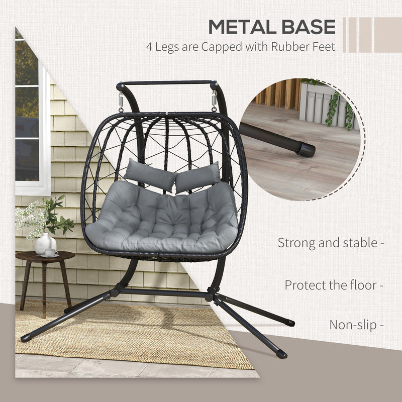 Outdoor PE Rattan Double-seater Swing Chair w/ Thick Padded Cushion, Patio Hanging Chair for 2 w/ Metal Stand, Headrest, Black