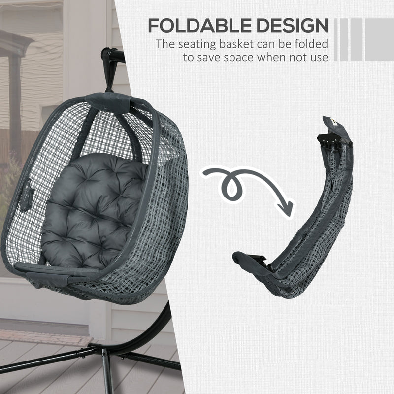 Outdoor Swing Chair w/ Thick Padded Cushion, Patio Hanging Chair w/ Metal Stand, Foldable Basket, Cup Holder, Dark Grey