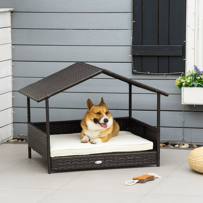 Wicker Dog House, Rattan Pet Bed, with Removable Cushion, Canopy, for Small and Medium Dogs - Cream