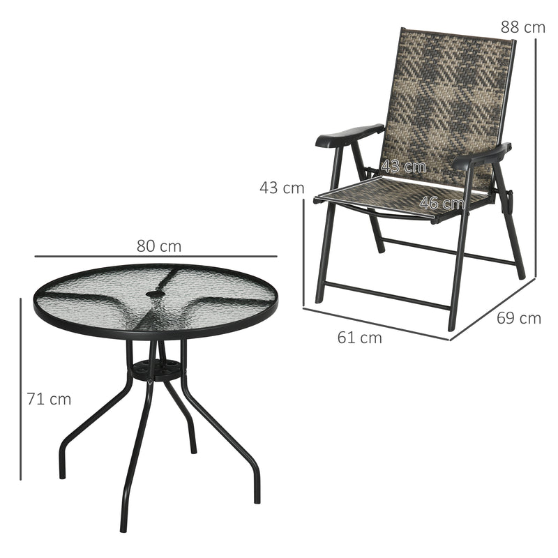 5 Pcs Rattan Dining Sets Garden Dining Set w/ PE Rattan Folding Armchair, Round Glass Top Dining Table with Umbrella Hole, Mixed Grey