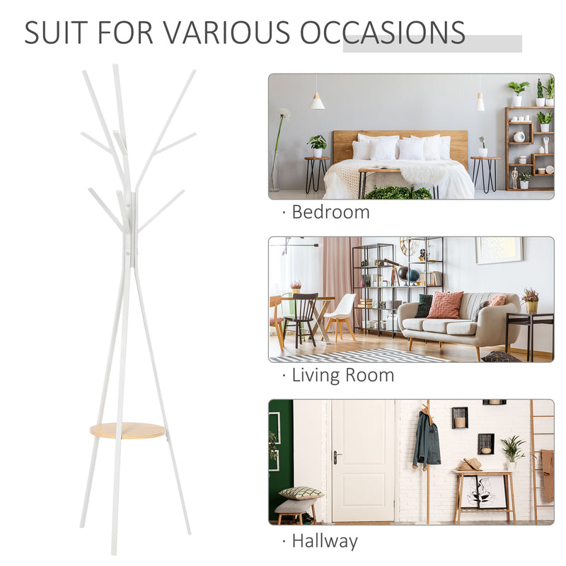180cm Free Standing Metal Coat Rack Stand 9 Hooks Clothes Tree with 1 Shelf Hat Display Hall Tree Hanger Bag for Hallway Living Room White