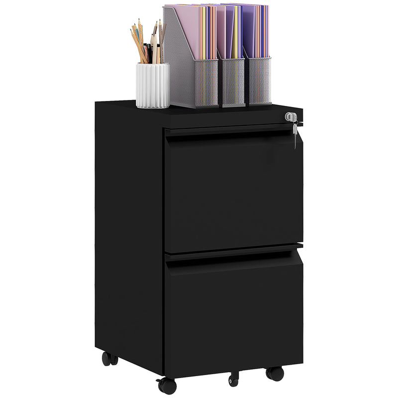 2-Drawer Mobile Filing Cabinet on Wheels, Steel Lockable File Cabinet with Adjustable Hanging Bar for Letter, A4 and Legal Size, Black